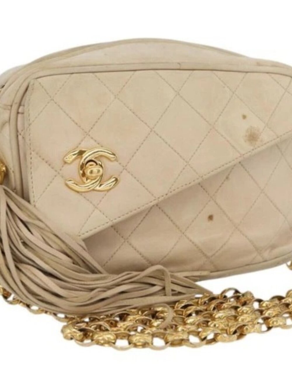 CHANEL Matelasse Chain Shoulder Bag Lamb Skin Ivory Gold CC Auth AMZ315